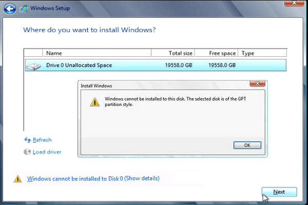 صورة لـ مشكلة Windows cannot be installed to this disk عند تثبيت ويندوز و كيف يمكن حلها | Win8GPTError-DzTechs