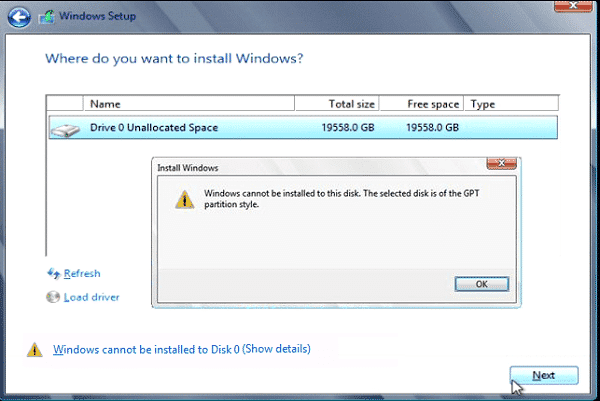 صورة لـ مشكلة Windows cannot be installed to this disk عند تثبيت ويندوز و كيف يمكن حلها | Win8GPTError