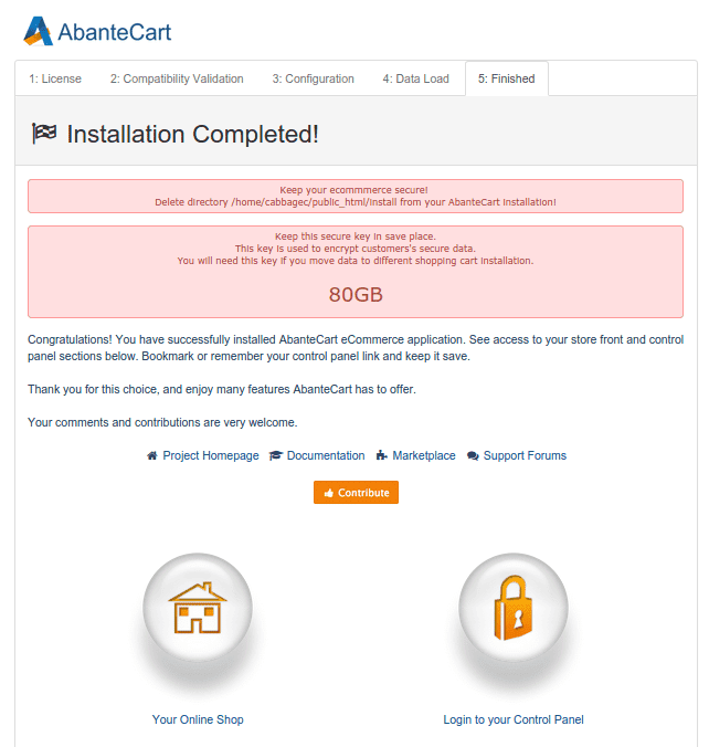 صورة لـ كيفية إعداد واستخدام AbanteCart على Ubuntu لإنشاء متجر الكتروني مميز | abantecart-installation-complete-DzTechs