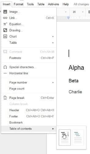 صورة لـ كيفية إضافة فهرس المُحتويات وتحديثه في “مُحرِّر مستندات Google” | Google-Table-Insert-DzTechs