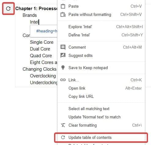 صورة لـ كيفية إضافة فهرس المُحتويات وتحديثه في “مُحرِّر مستندات Google” | Google-Table-Update-Options-DzTechs
