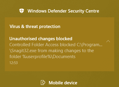 صورة لـ كيفية حماية ملفاتك ضد فيروسات الفدية من خلال ميزة التحكم في الوصول إلى المجلد في Windows 10 | controlled-folder-access-application-blocked-DzTechs