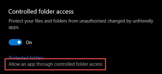 صورة لـ كيفية حماية ملفاتك ضد فيروسات الفدية من خلال ميزة التحكم في الوصول إلى المجلد في Windows 10 | controlled-folder-access-select-allow-an-app-link-DzTechs