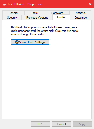 صورة لـ كيفية منع المستخدم من استخدام كل مساحة الهارد ديسك في الويندوز | win-storage-quota-limit-click-show-quota-settings-button-DzTechs