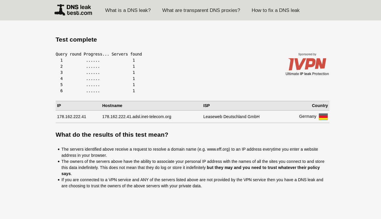 صورة لـ كيفية اختبار اتصال VPN الخاص بك للتحقق من تسريبات الخصوصية | vpn-leak-dns-results-DzTechs