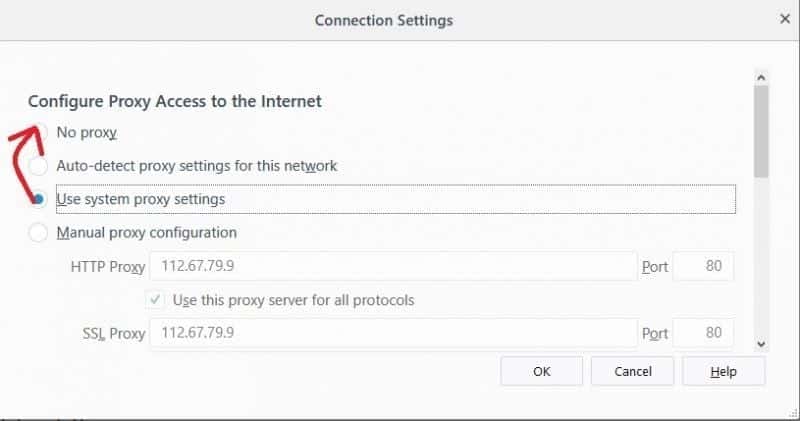 صورة لـ كيفية إصلاح خطأ رفض الخادم الوكيل الاتصال في Mozilla Firefox Quantum | Firefox-No-proxy-settings-e1540049839634-DzTechs