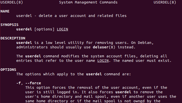 صورة لـ كيفية إدارة المستخدمين من سطر الأوامر في نظام Linux | linux-userdel-man-DzTechs