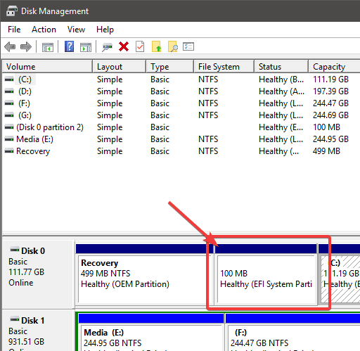 صورة لـ كيفية التمهيد في وضع UEFI مباشرة من Windows 10 | uefi-bios-win10-disk-management-efi-partition-DzTechs