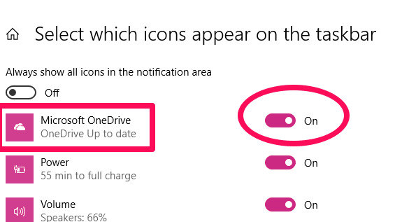 صورة لـ كيفية استعادة رمز OneDrive المفقود على شريط المهام في Windows 10 | OneDrive-Taskbar-settings-switch-DzTechs