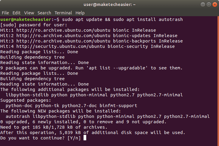 صورة لـ كيفية حذف الملفات القديمة تلقائيا من سلة المهملات على نظام Linux | autotrash-confirm-install-min-DzTechs