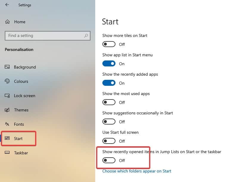 صورة لـ كيفية تعطيل عرض العناصر الحديثة والأماكن الأكثر شيوعًا في نظام التشغيل Windows 10 | recent-items-win10-settings-app-DzTechs