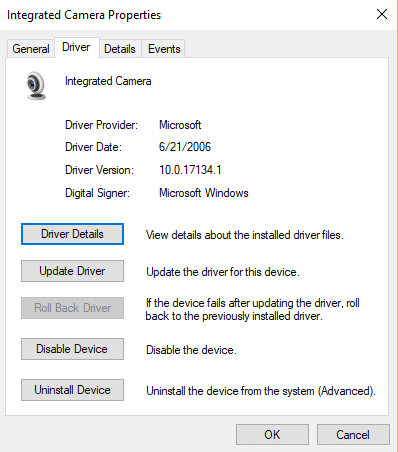 صورة لـ كيف يمكن اصلاح عدم عمل كاميرا ويب على Windows 10 | webcam-troubleshooting-driver-tab-DzTechs
