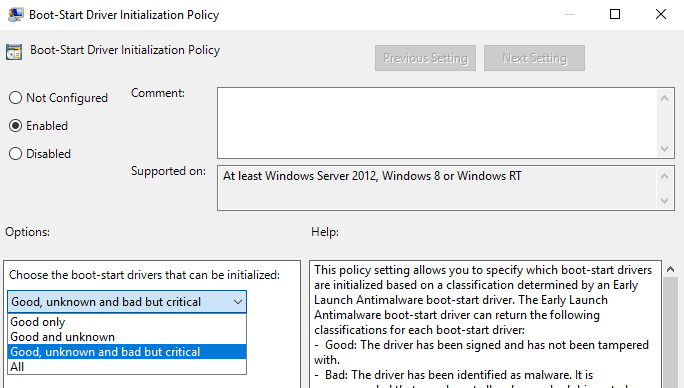 صورة لـ كيفية تكوين برنامج تشغيل Boot-Start لمكافحة البرامج الضارة في نظام التشغيل Windows 10 | win10-early-launch-drivers-policy-setting-DzTechs