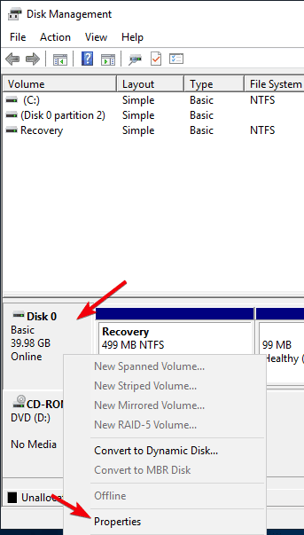 صورة لـ كيفية تحويل BIOS القديم إلى UEFI في نظام Windows 10 | win10-bios-to-uefi-select-properties-in-disk-options-DzTechs