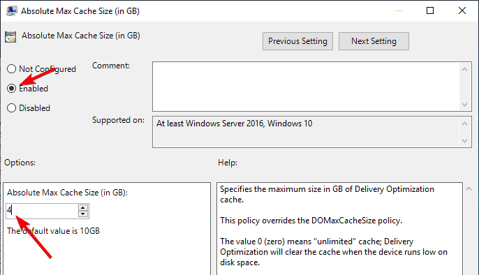 صورة لـ كيفية تحسين ذاكرة التخزين المؤقت لـ Delivery Optimization في نظام التشغيل Windows 10 | win10-delivery-optimization-a-lot-space-in-policy-settings-window-DzTechs