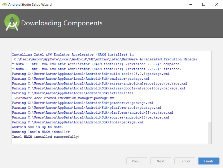 صورة لـ كيفية إعداد وتشغيل Android Pie 9.0 على جهاز الكمبيوتر لتطوير التطبيقات | Android-studio-component-download-complete-DzTechs
