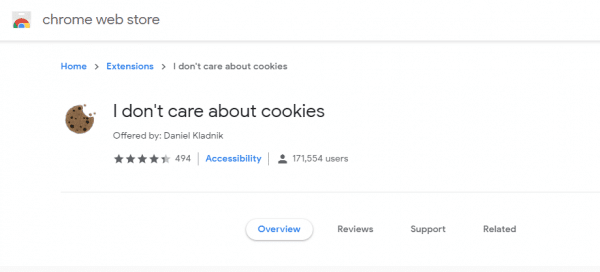 صورة لـ كيفية إخفاء رسائل “قبول ملفات تعريف الارتباط” من مواقع الويب التي تزورها | Chrome-i-dont-care-about-cookies-e1546028108156-DzTechs
