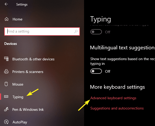صورة لـ كيفية إظهار أو إخفاء مُؤشر الإدخال وشريط اللغة في نظام Windows 10 | input-indicator-win10-select-advanced-keyboard-settings-DzTechs