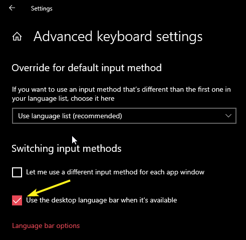 صورة لـ كيفية إظهار أو إخفاء مُؤشر الإدخال وشريط اللغة في نظام Windows 10 | input-indicator-win10-select-language-bar-option-DzTechs