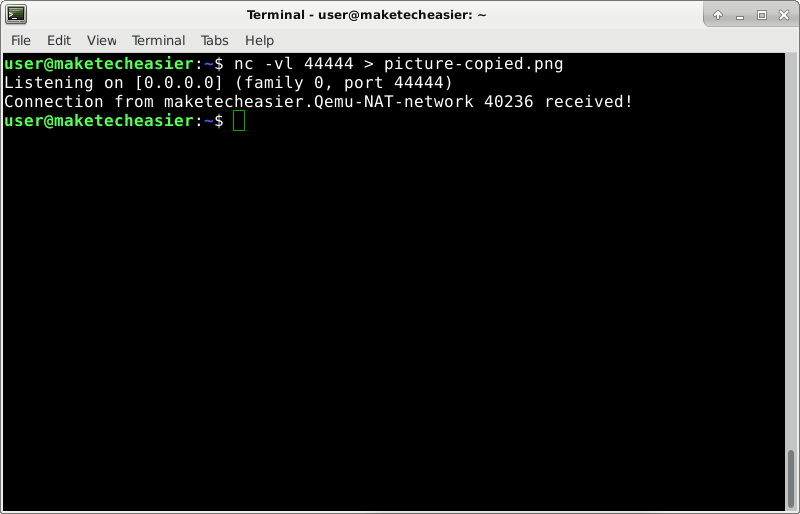صورة لـ كيفية استخدام Netcat لنقل الملفات بسرعة بين أجهزة الكمبيوتر بنظام التشغيل Linux | netcat-receiving-file-DzTechs
