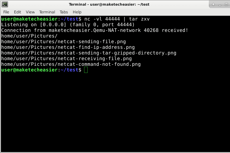 صورة لـ كيفية استخدام Netcat لنقل الملفات بسرعة بين أجهزة الكمبيوتر بنظام التشغيل Linux | netcat-receiving-tar-gzipped-directory-DzTechs