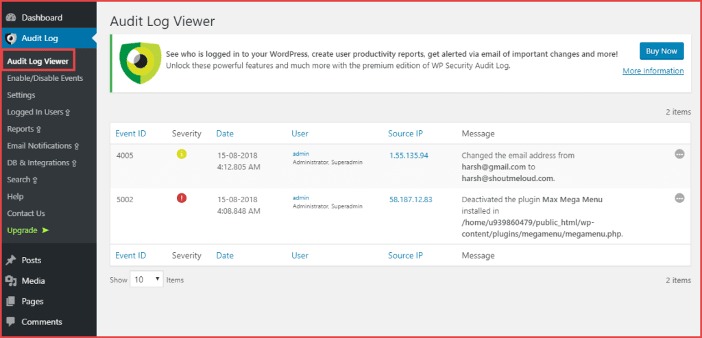 صورة لـ لماذا وكيف تقوم بإنشاء سجل تدقيق الأمان على WordPress مجانًا | wordpress-security-audit-log-6-1024x493-DzTechs