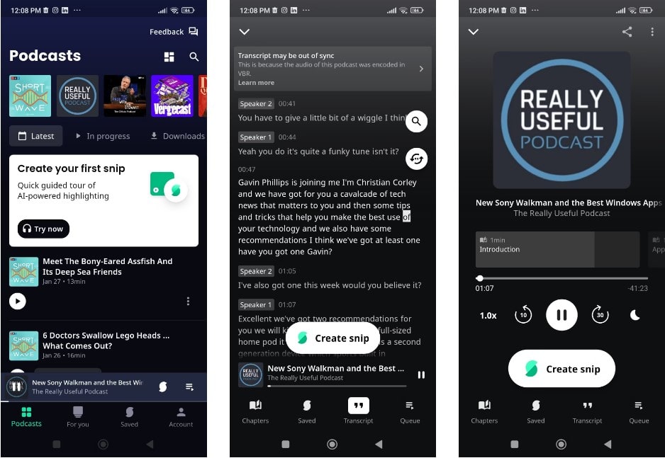 صورة لـ أفضل تطبيقات البودكاست المجانية المُتاحة لنظام Android | 8.-Snipd-min