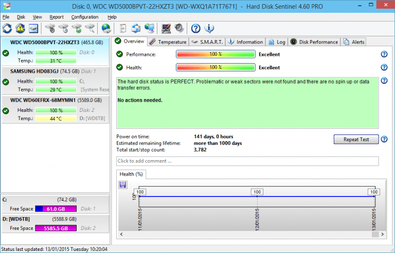 صورة لـ أفضل أدوات التحقق من صحة محرك الأقراص الثابتة لنظام Windows 10 | hard-disk-testing-tool-hdsentinel-768x493-DzTechs