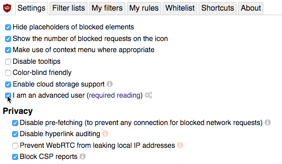 صورة لـ دليل المستخدم النهائي المميز لإضافة uBlock Origin لمنع محتويات الموقع | ublock-origin-advanced-user-checkbox-DzTechs