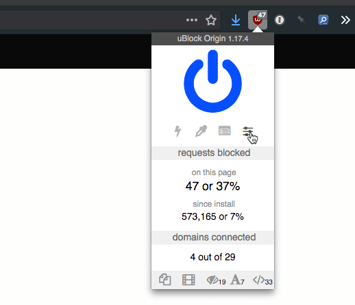 صورة لـ دليل المستخدم النهائي المميز لإضافة uBlock Origin لمنع محتويات الموقع | ublock-origin-click-settings-icon-DzTechs