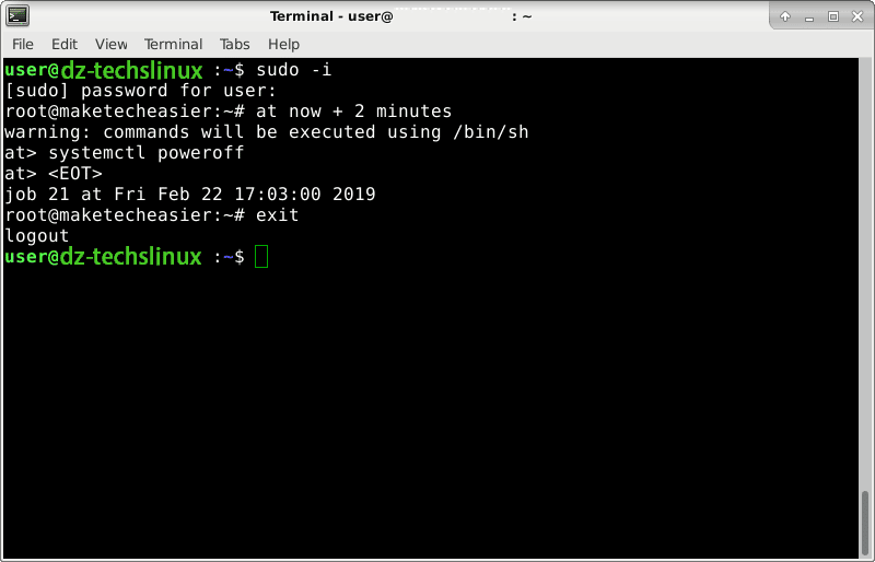 صورة لـ كيفية جدولة الأوامر في Linux باستخدام الأداة المساعدة “at” | linux-at-schedule-poweroff-DzTechs