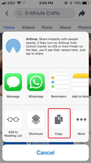 صورة لـ 5 طرق لتنزيل مقاطع فيديو Facebook في معرض الكاميرا على iPhone / iPad | copy-button-min-DzTechs