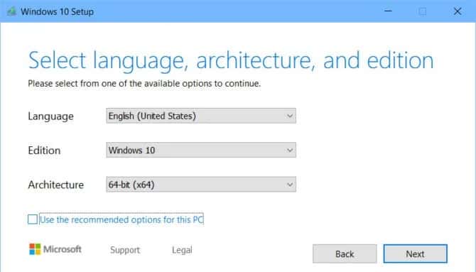 صورة لـ أداة إنشاء وسائط Windows 10 للترقية إلى الإصدار 1903 | Select-language-edition-and-architecture-670x383-min-DzTechs