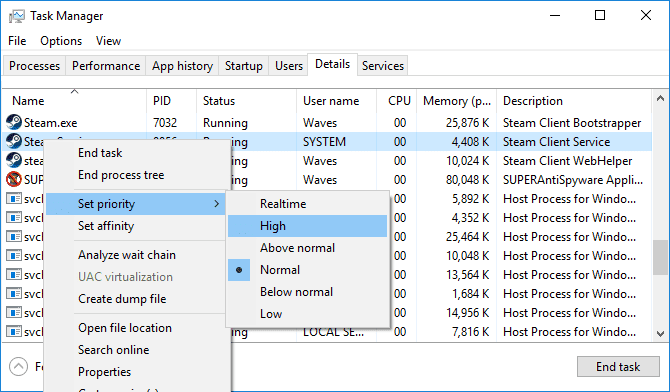 صورة لـ كيفية تحسين و تسريع تنزيلات Steam في Windows 10 | task_manager_high_priority-min-DzTechs