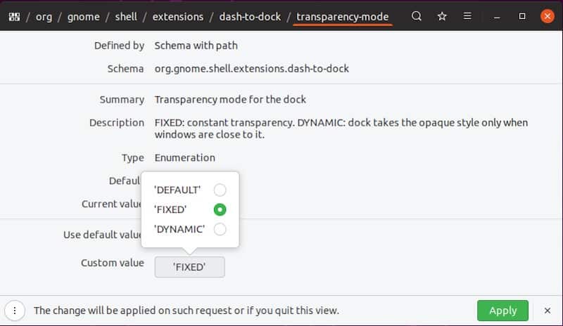 صورة لـ كيفية تمكين ميزة الشفافية الديناميكية على توزيعة Ubuntu | ubuntu-dconf-dock-transparency-min-DzTechs