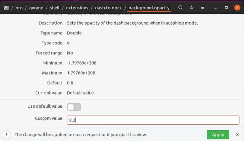 صورة لـ كيفية تمكين ميزة الشفافية الديناميكية على توزيعة Ubuntu | ubuntu-dock-set-transparency-value-min-DzTechs