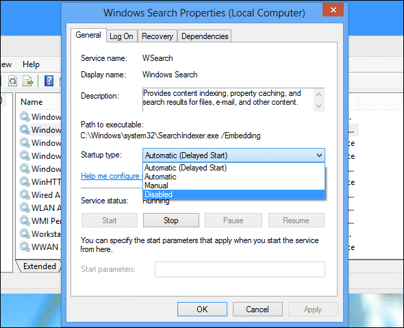 صورة لـ إصلاح إستخدام القرص بنسبة 100% في Windows 10 | windows-search-service-properties-DzTechs