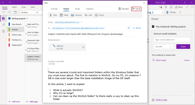 صورة لـ 6 طرق لاستخدام Trello و OneNote معاً لتحسين الإنتاجية | OneNote-page-in-the-email-message-min-DzTechs