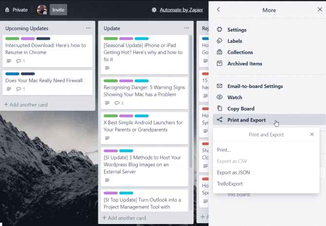 صورة لـ 6 طرق لاستخدام Trello و OneNote معاً لتحسين الإنتاجية | export-option-in-trello-min-DzTechs