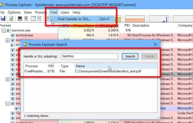 صورة لـ كيفية حذف، نقل أو إعادة تسمية الملفات قيد الاستخدام بواسطة برنامج آخر | Finding-file-handle-in-Process-Explorer-670x427-min-DzTechs