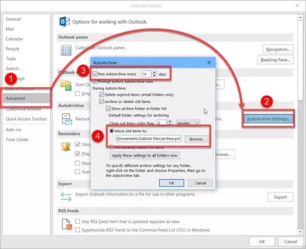 صورة لـ كل ما تريد معرفته حول ملفات البيانات PST و OST على Outlook | Outlook-AutoArchive-Settings-614x500-min-DzTechs