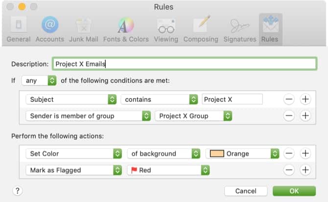 صورة لـ نصائح الإنتاجية الاحترافية لـ Apple Mail على Mac يجب أن تعرفها | ProjectEmailRuleColor-MacMail-min-DzTechs