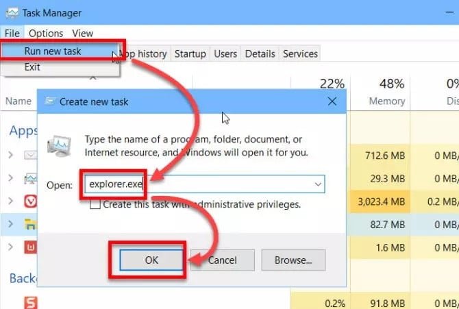 صورة لـ كيفية حذف، نقل أو إعادة تسمية الملفات قيد الاستخدام بواسطة برنامج آخر | Run-new-task-from-Task-Manager-670x451-min-DzTechs