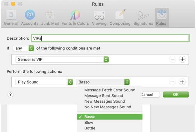 صورة لـ نصائح الإنتاجية الاحترافية لـ Apple Mail على Mac يجب أن تعرفها | VIPNotificationSoundRule-MacMail-e1567480597859-min-DzTechs