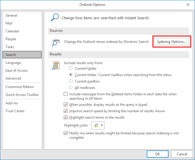 صورة لـ كيفية إصلاح بحث Outlook الذي لا يعمل بخطوات بسيطة | microsoft-outlook-options-indexing-options-button-min-DzTechs