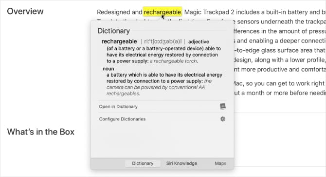صورة لـ أسباب قد تجعل Magic Trackpad أفضل من Magic Mouse – مقارنة بسيطة | Look-Up-Force-Touch-feature-showing-dictionary-for-a-word-min-DzTechs