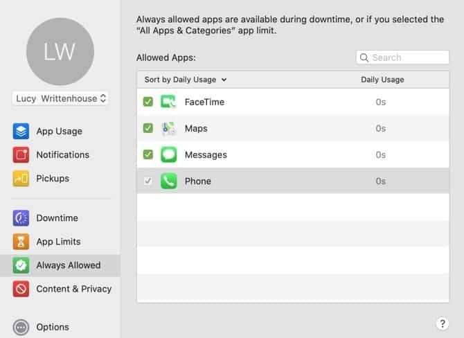 صورة لـ تقييد المحتوى وتعيين حدود لأطفالك مع مُدة استخدام الجهاز على Mac | ScreenTimeAlwaysAllowedAppsMac-min-DzTechs