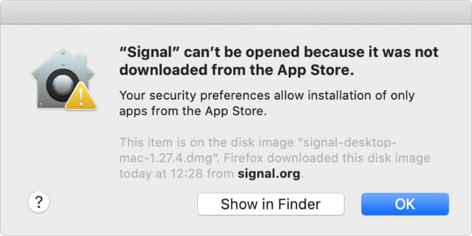 صورة لـ أسباب تجعل أجهزة Mac أقل عرضة للبرامج الضارة مقارنة بـ Windows | Gatekeeper-blocking-Signal-app-from-opening-on-a-Mac-min-DzTechs