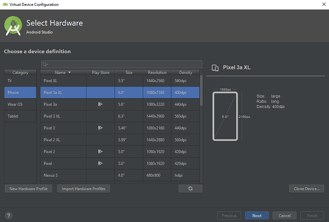 صورة لـ طرق لتشغيل تطبيقات Android على أي كمبيوتر يعمل بنظام Windows | android-studio-select-device-to-emulate-min-DzTechs