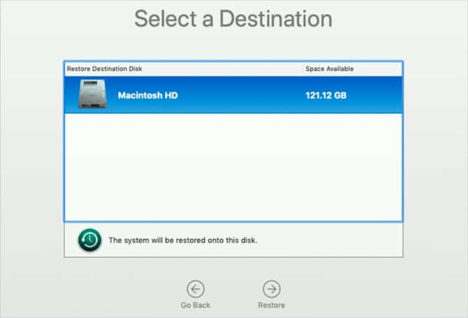 صورة لـ طرق لاستعادة البيانات من النسخ الاحتياطية لـ Time Machine | Select_a_destination_window_when_restoring_Time_Machine_backup_with_macOS_Recovery-6caFyFfs-DzTechs